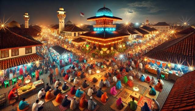 Ilustrasi: Suasana meriah tradisi Dandangan di Kudus, Indonesia, saat malam hari. Sumber Gambar: A Rima Mustajab