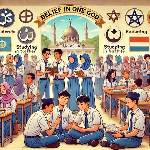 Ilustrasi: Siswa SMA Mengamalkan Sifat Ketuhanan Dalam Sila Ke 1. Sumber Gambar: A Rima Mustajab
