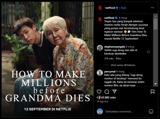 Unggahan How To Make Millions Before Grandma Dies oleh Netflix. (sumber : dokumentasi pribadi)