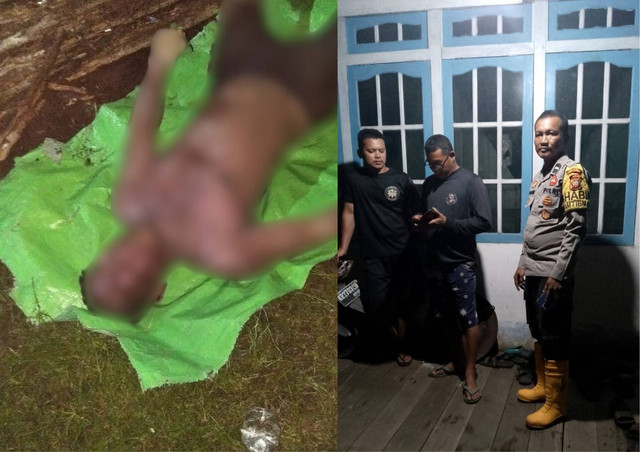 Korban saat ditemukan (kiri) dan petugas Polsek Ambawang saat berada di rumah korban. Foto: Dok, Polres Kubu Raya
