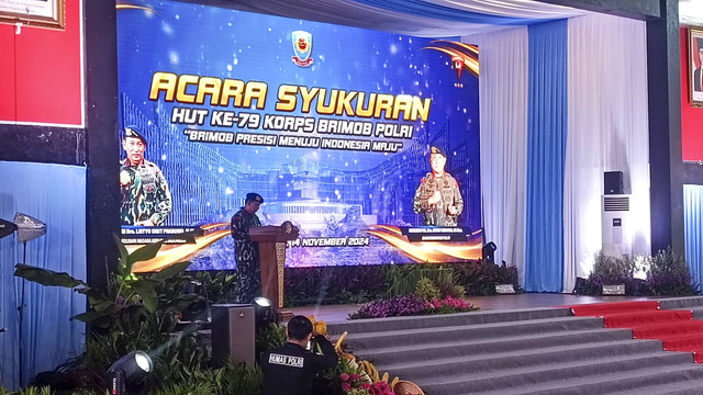 Kapolri Jenderal Listyo Sigit Prabowo beri sambutan di syukuran HUT ke-79 Korps Brimob Polri di Mako Korbrimob, Kelapa Dua, Depok, Jabar, Kamis (14/11/2024). Foto: Thomas Bosco/kumparan