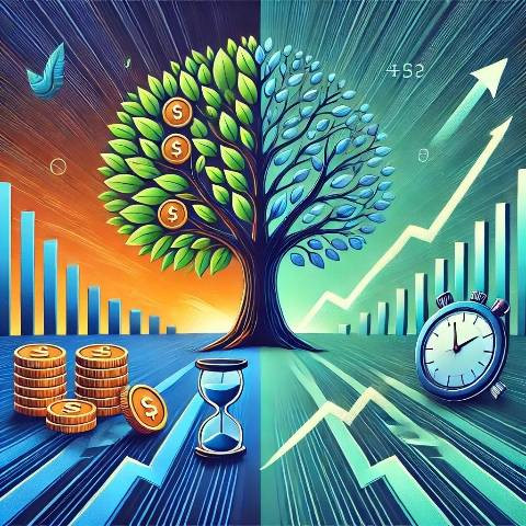 Ilustrasi perbandingan antara investasi jangka panjang dan trading jangka pendek (sumber:https//chatgpt.com)