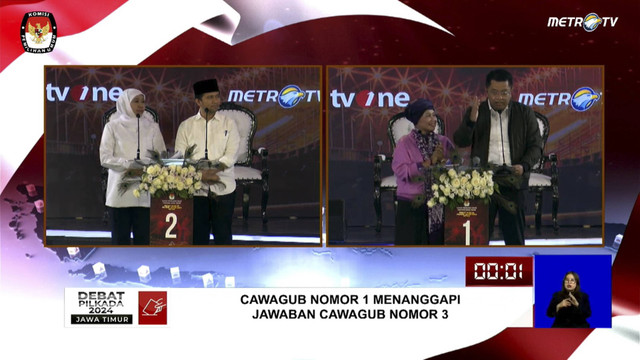 Suasana debat publik ketiga antar pasangan Pilgub Jawa Timur 2024, Senin (18/11/2024). Foto: YouTube/ KPU JAWA TIMUR 