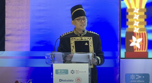 Ketum Perhumas Boy Kelana saat memberikan sambutan dalam World Public Relations Forum 2024 di Nusa Dua, Rabu (20/11/2024). Foto: Dok. Perhumas