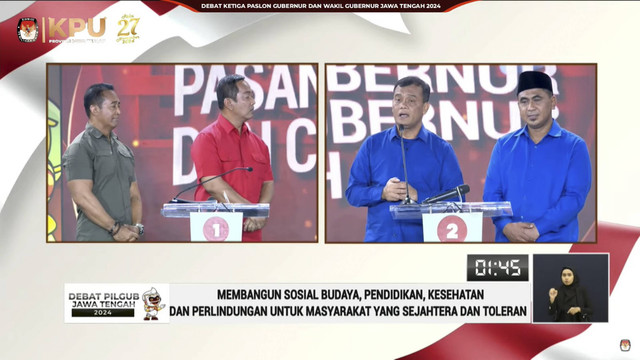 Suasana debat ketiga Pilgub Jawa Tengah di Muladi Dome Universitas Diponegoro, Semarang, Rabu (20/11/2024). Foto: YouTube/ KPU Jateng