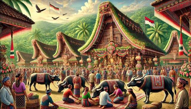 Ilustrasi Tradisi Upacara Pemakaman Rambu Solo di Toraja. Sumber: Dihasilkan menggunakan OpenAI (DALL-E) melalui ChatGPT.