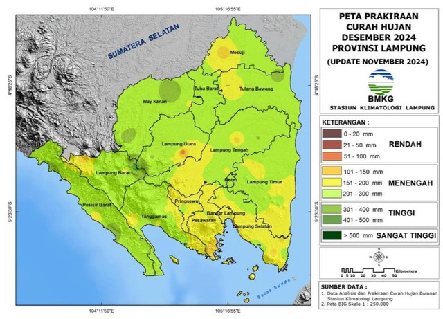 Peta perkiraaan curah hujan Desember 2024 di Provinsi Lampung. | Foto: Dok. BMKG Lampung