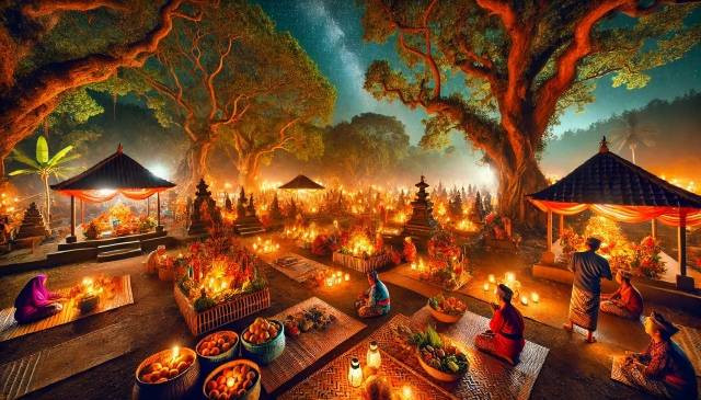 Ilustrasi: kegiatan doa bersama, penerangan lilin dan lentera, serta persembahan tradisional dalam suasana malam yang penuh spiritualitas. Sumber Gambar: A Rima Mustajab