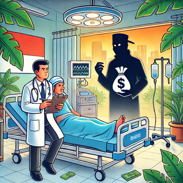 The illustration depicts a hospital setting with a doctor attending to a patient on a bed, symbolizing professional care, while a shadowy figure in the background holding a bag of money represents malpractice. The scene incorporates tropical elements and the Indonesian flag to contextualize the issue within Indonesia's medical field. (Sumber: Dokumen Pribadi)