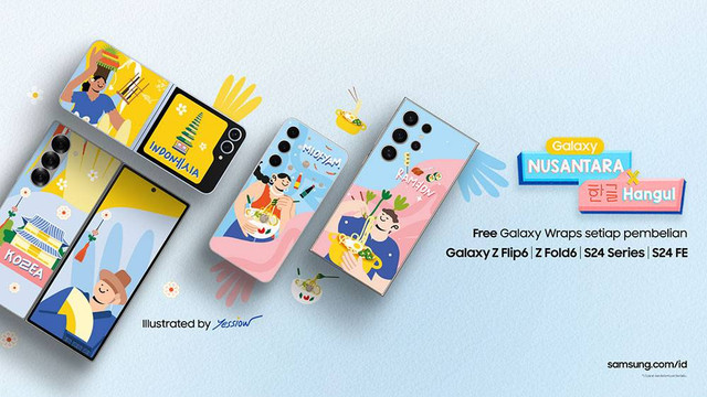 Samsung berkolaborasi dengan seniman asal Bali, Yessi Nur Mulianawati alias Yessiow, menghadirkan Galaxy Wrap Nusantara x Hangul, tersedia gratis untuk pembeli Galaxy Z Fold6 atau Flip6. Foto: Samsung