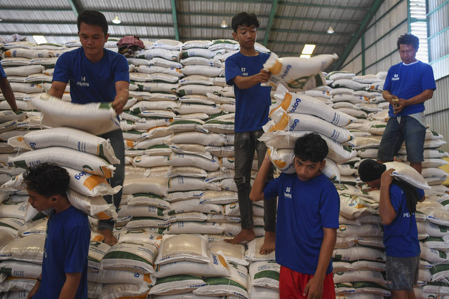 Pekerja memanggul karung berisi beras yang akan didistribusikan di Gudang Bulog Karang Asam Ulu II, Samarinda, Kalimantan Timur, Rabu (11/12/2024). Foto: M Risyal Hidayat/ANTARA FOTO