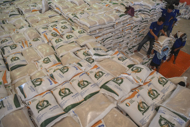 Pekerja memanggul karung berisi beras yang akan didistribusikan di Gudang Bulog Karang Asam Ulu II, Samarinda, Kalimantan Timur, Rabu (11/12/2024). Foto: M Risyal Hidayat/ANTARA FOTO