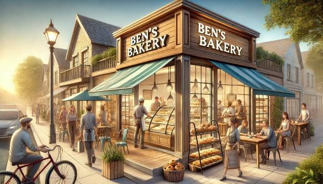 Ilustrasi: Ben's Bakery Saat Buka Di siang hari, dengan karyawan dan Pembeli Yang Ramai. Sumber Gambar: A Rima Mustajab