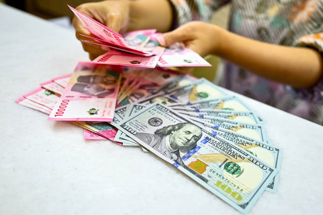 Petugas menghitung uang pecahan dolar AS dan rupiah di gerai penukaran mata uang asing di Jakarta, Jumat (2/1/2025). Foto: ANTARA FOTO/Rivan Awal Lingga