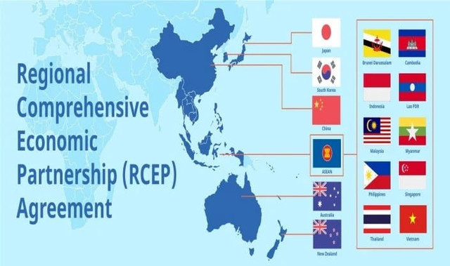 Peluang perdagangan berdasarkan perjanjian RCEP memberikan negara-negara anggota akses pasar yang lebih luas dan mencerminkan persaingan ekonomi antara Jepang dan Tiongkok di kawasan ASEAN. Sumber background: Frontier Business Connect (frontierbc.com)