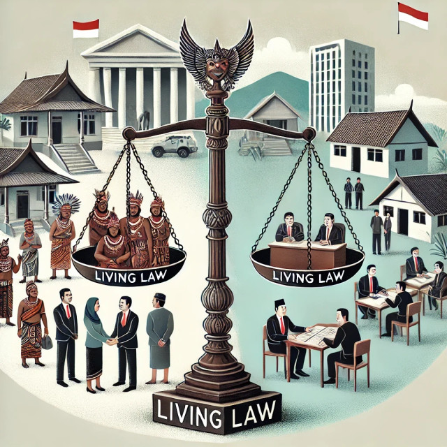 Sumber Gambar: Ilustrasi ini dibuat menggunakan teknologi AI berdasarkan konsep Living Law dalam KUHP baru, khususnya terkait problem pengakuan masyarakat hukum adat dalam sistem hukum nasional.