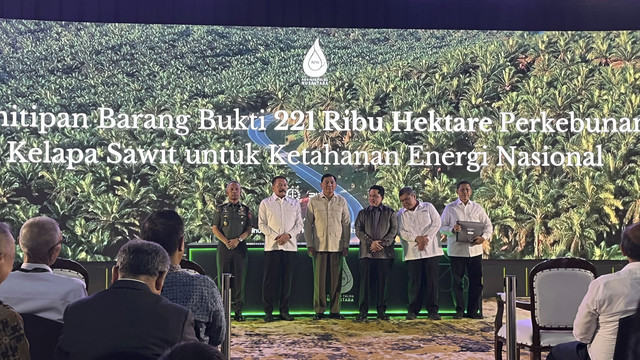 Kejagung resmi serahkan 221 ribu hektare lahan perkebunan sawit ke PT Agrinas Palma Nusantara, hasil sitaan kasus dugaan korupsi PT Duta Palma Group, Senin (10/3/2025). Foto: Fariza/kumparan