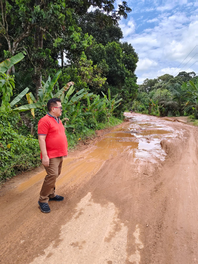 Ketua DPRD Provinsi Kalbar meninjau jalan rusak di ruas Jalan Sekadau-Rawak. Foto: Dok. Istimewa