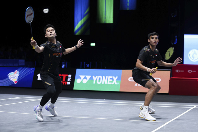 Leo Rolly Carnando/Bagas Maulana saat berlaga di All England 2025 yang digelar di Utilita Arena Birmingham, Inggris. Foto: Dok. PBSI