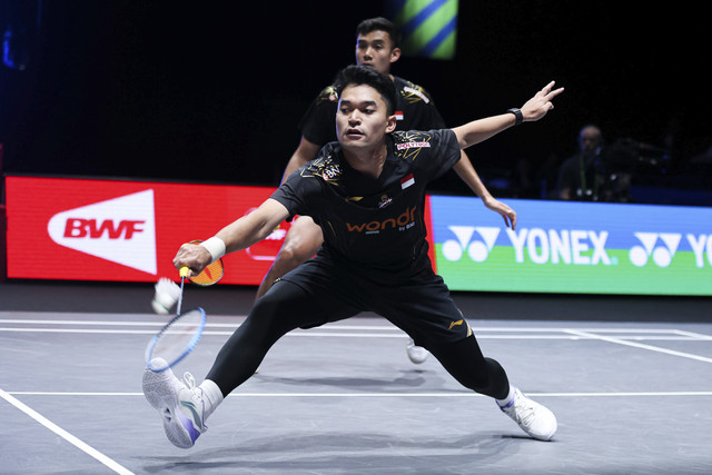 Leo Rolly Carnando/Bagas Maulana saat berlaga di All England 2025 yang digelar di Utilita Arena Birmingham, Inggris. Foto: Dok. PBSI