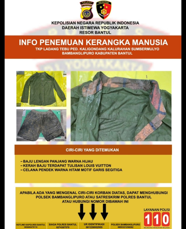Ciri-ciri barang yang ditemukan saat penemuan kerangka manusia yang ditemukan di sebuah lahan tebu di Pedukuhan Kaligondang, Kalurahan Sumbermulyo, Kapanewon Bambanglipuro, Kabupaten Bantul. dok Polres Bantul