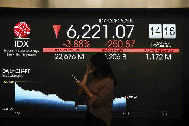 Warga memantau pergerakan saham melalui gawainya di depan layar yang menampilkan pergerakan saham di Bursa Efek Indonesia, Jakarta, Maret 2025. Foto: Sulthony Hasanuddin/ANTARA 