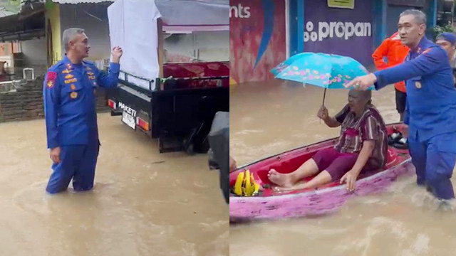 Kolase foto Direktur Polairud Polda Sulawesi Utara, AKBP Eko Wimpiyanto Hardjito, S.I.K., M.M, membantu evakuasi warga lansia yang terjebak banjir di Manado.