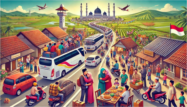 Ilustrasi Mudik Lebaran pada Masyarakat Muslim di Indonesia. Sumber: Ilustrasi ChatGPT.