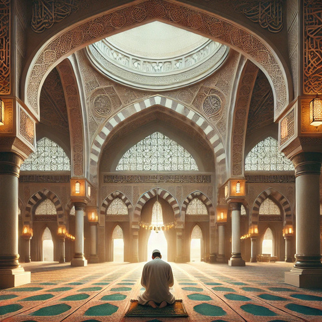 A large, beautiful mosque with traditional Islamic architecture, including tall arches, intricate patterns, and a peaceful atmosphere. Sumber DALL·E 3