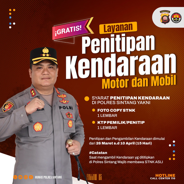 Layanan penitipan kendaraan selama libur lebaran dari Polres Sintang. Foto: Dok. Istimewa