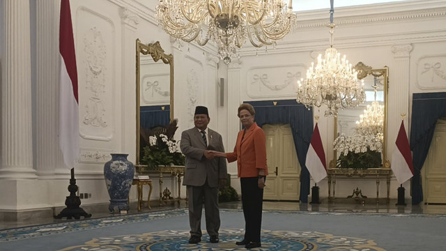 Presiden Republik Indonesia Prabowo Subianto menyambut kedatangan mantan Presiden Brazil sekaligus Presiden New Development Bank (NDB) Dilma Rousseff di Istana Merdeka, Jakarta Pusat, Selasa (25/3/2025).  Foto: Zamachsyari/kumparan