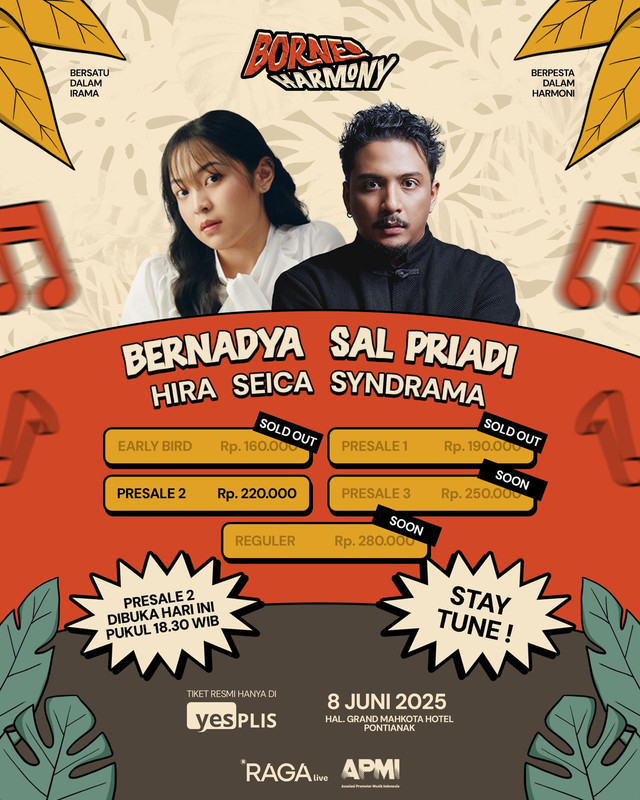 Tiket Presale 2 Borneo Harmony Music Concert dijual pada hari ini, 26 Maret 2025, pukul 18.30 WIB lewat platform YesPlis. Foto: Dok. Istimewa