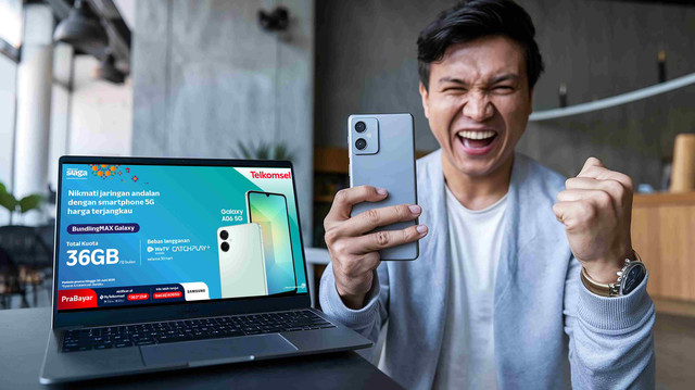 Telkomsel Paket BundlingMAX Samsung Galaxy A06 5G: Paket BundlingMAX Samsung Galaxy A06 5G hadir dengan kuota 3GB per bulan untuk 12 bulan, serta WeTV dan Catchplay selama 30 hari. Foto: Dok. Telkomsel