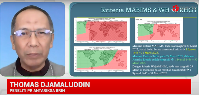 Pakar antariksa BRIN Prof Thomas Djamaluddin memberikan paparan tentang hilal pada 29 Ramadan/29 Maret 2025. Foto: YouTube BRIN
