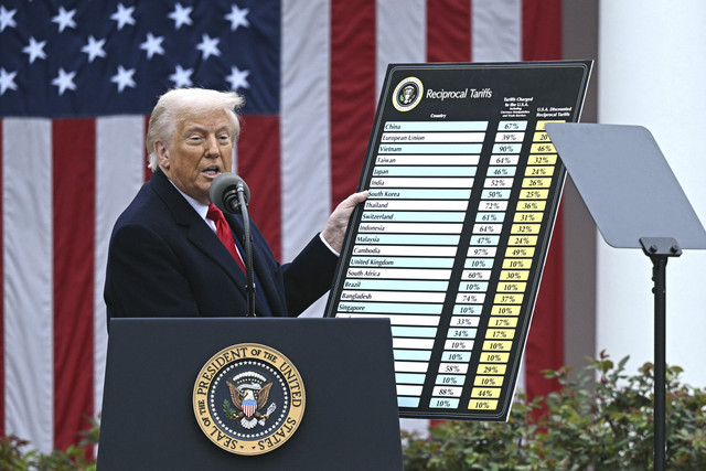 Presiden Donald Trump menunjukkan grafik tarif impor baru saat "Make America Wealthy Again" di Gedung Putih, Washington DC, Amerika Serikat, Rabu (2/4/2025). Foto: Brendan Smialowski/AFP