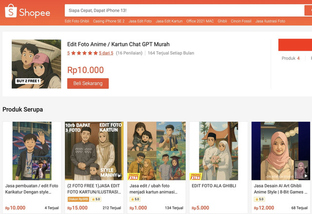 Gambar 1. Deretan jasa edit foto ala Ghibli yang ditawarkan di Shopee dengan harga bervariasi dan penjualan yang tinggi (Dokumentasi Pribadi 04/07/2025)