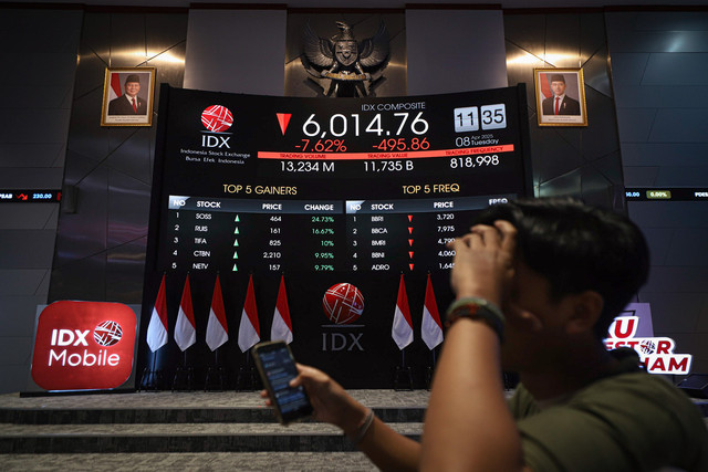 Layar digital menampilkan pergerakan Indeks Harga Saham Gabungan (IHSG) di Bursa Efek Indonesia (BEI), Jakarta, Selasa (8/4/2025).  Foto: Iqbal Firdaus/kumparan