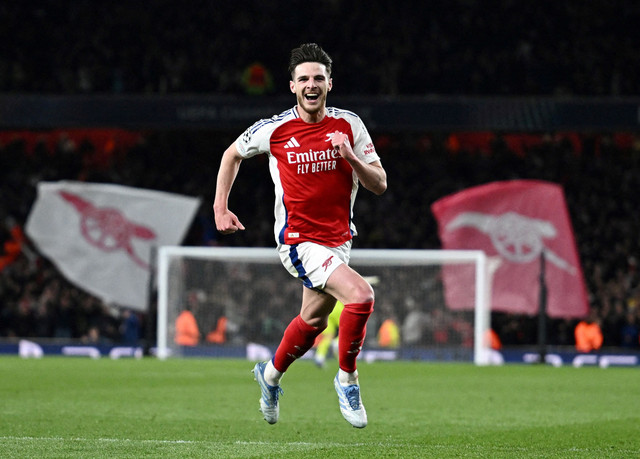 Declan Rice saat Arsenal vs Real Madrid dalam pertandingan leg pertama perempat final Liga Champions 2024/25 di Stadion Emirates, London, pada 8 April 2025.