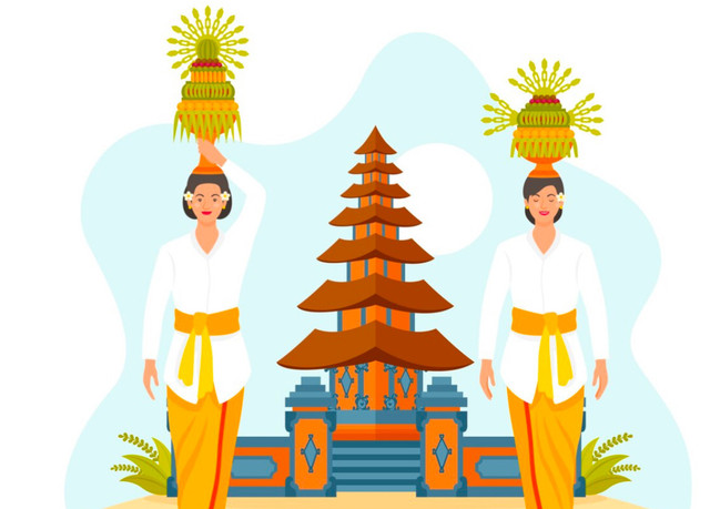 Ilustrasi perayaan Galungan di Bali (Sumber: https://www.freepik.com/free-vector/flat-galungan-celebration-illustration_34638054.htm#fromView=search&page=1&position=10&uuid=b7776628-215e-4db5-b608-f2f93e3abaf9&query=bali+sekolah)