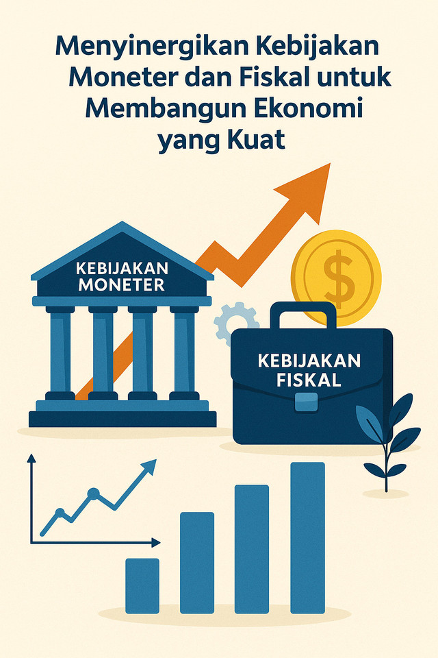 foto ilustrasi: Lintang Alia Dhia Ulhaq, ilustrasi infografis ini menggambarkan sinergi antara kebijakan moneter dan fiskal dalam membangun ekonomi yang kuat. Di sisi kiri terdapat bangunan klasik bertuliskan "Kebijakan Moneter", melambangkan peran bank sentral dalam menjaga stabilitas keuangan. Di sisi kanan terdapat koper besar bertuliskan "Kebijakan Fiskal", merepresentasikan peran pemerintah dalam belanja negara dan pajak. Di antara keduanya, terdapat simbol roda gigi, grafik panah naik, dan koin emas, yang menunjukkan kolaborasi kedua kebijakan dalam mendorong pertumbuhan ekonomi. Warna biru dan oranye menonjolkan keseimbangan antara stabilitas dan progres.