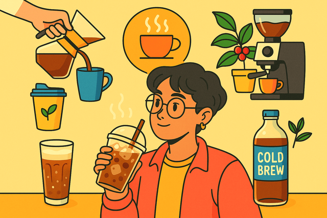 Seorang anak muda Gen Z sedang menikmati kopi dingin dalam suasana yang penuh dengan elemen-elemen budaya kopi kekinian. Sumber Gambar: AI