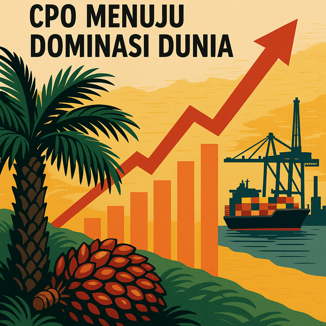 Ilustrasi dibuat menggunakan AI oleh ChatGPT-DALL·E berdasarkan permintaan bertema kebangkitan industri kelapa sawit Indonesia dan potensi dominasi global CPO (Crude Palm Oil).