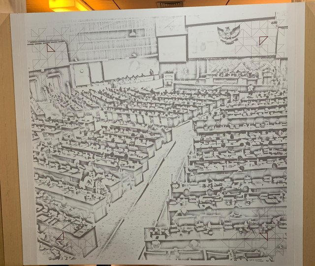 sketsa ruang rapat paripurna di gedung DPR RI (hasil foto pribadi)