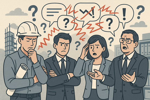 Ilustrasi (AI) : seorang pekerja konstruksi dan tiga staf kantor yang terlihat bingung, frustrasi, dan saling tidak memahami
