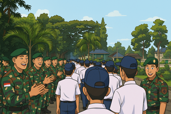 Tentara Nasional Indonesia (TNI) menyambut kedatangan para siswa yang akan menjalani program pendidikan karakter dan kedisiplinan selama 14 hari. Sumber: Dokumen Pribadi.