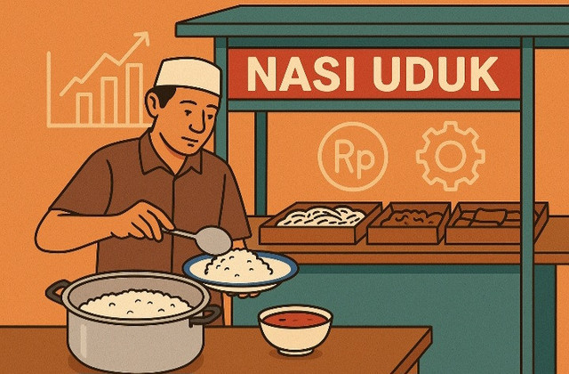 Gambar ini adalah ilustrasi pedagang nasi uduk yang sedang melayani pembeli di warung sederhana, menggambarkan kekuatan ekonomi mikro di kehidupan sehari-hari.
