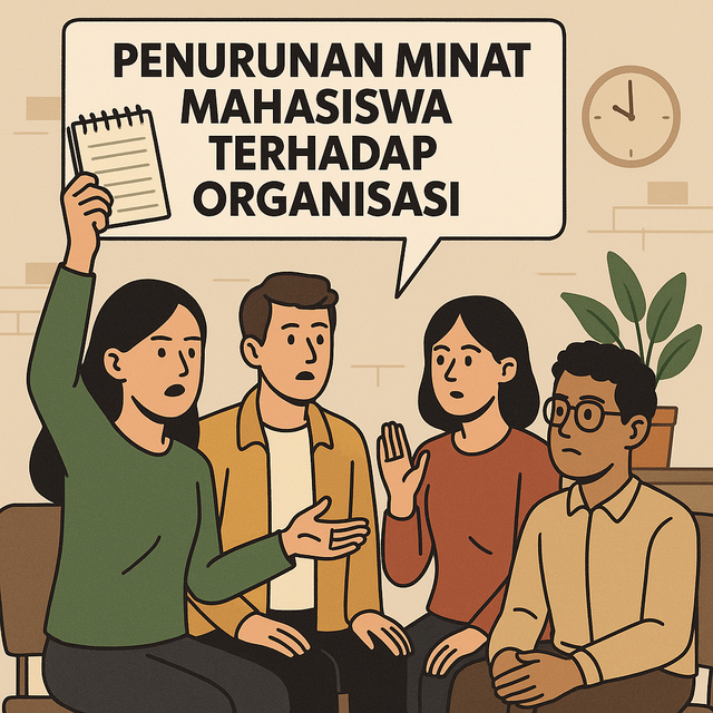 Ilustrasi pnurunan minat mahasiswa terhadap organisasi kampus (Sumber AI)