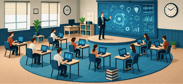 Ilustrasi pembelajaran digital di kelas modern, di mana siswa menggunakan perangkat teknologi untuk mendukung proses belajar yang interaktif dan berbasis data. Sumber: Pixabay.com