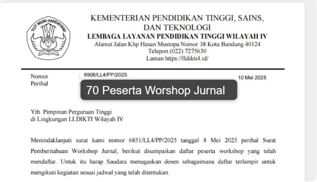 Pengumuman peserta worshop jurnal tahun 2025 (lldikti4.id)