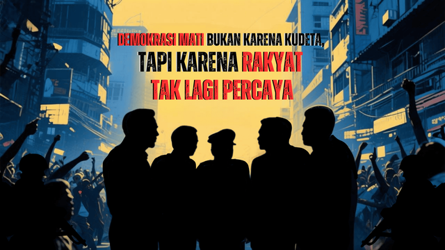 Ilustrasi krisis kepercayaan rakyat terhadap lembaga negara. Siluet melambangkan kekuasaan yang tertutup, dan kerumunan mengekspresikan kekecewaan publik. Design : Surya atmaja